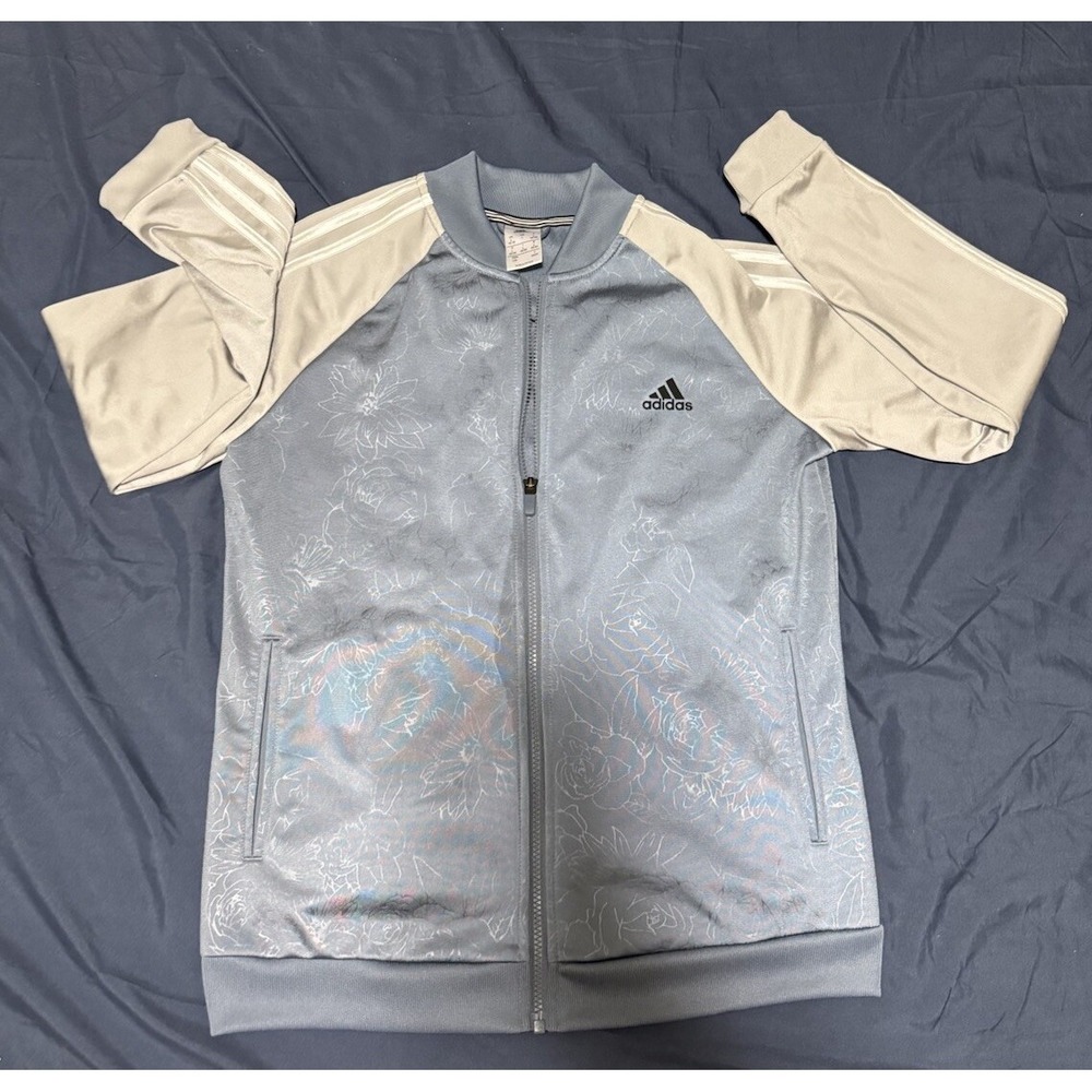 Adidas Blue and Gray Jacket Full Zip Size Large With Light Floral Print